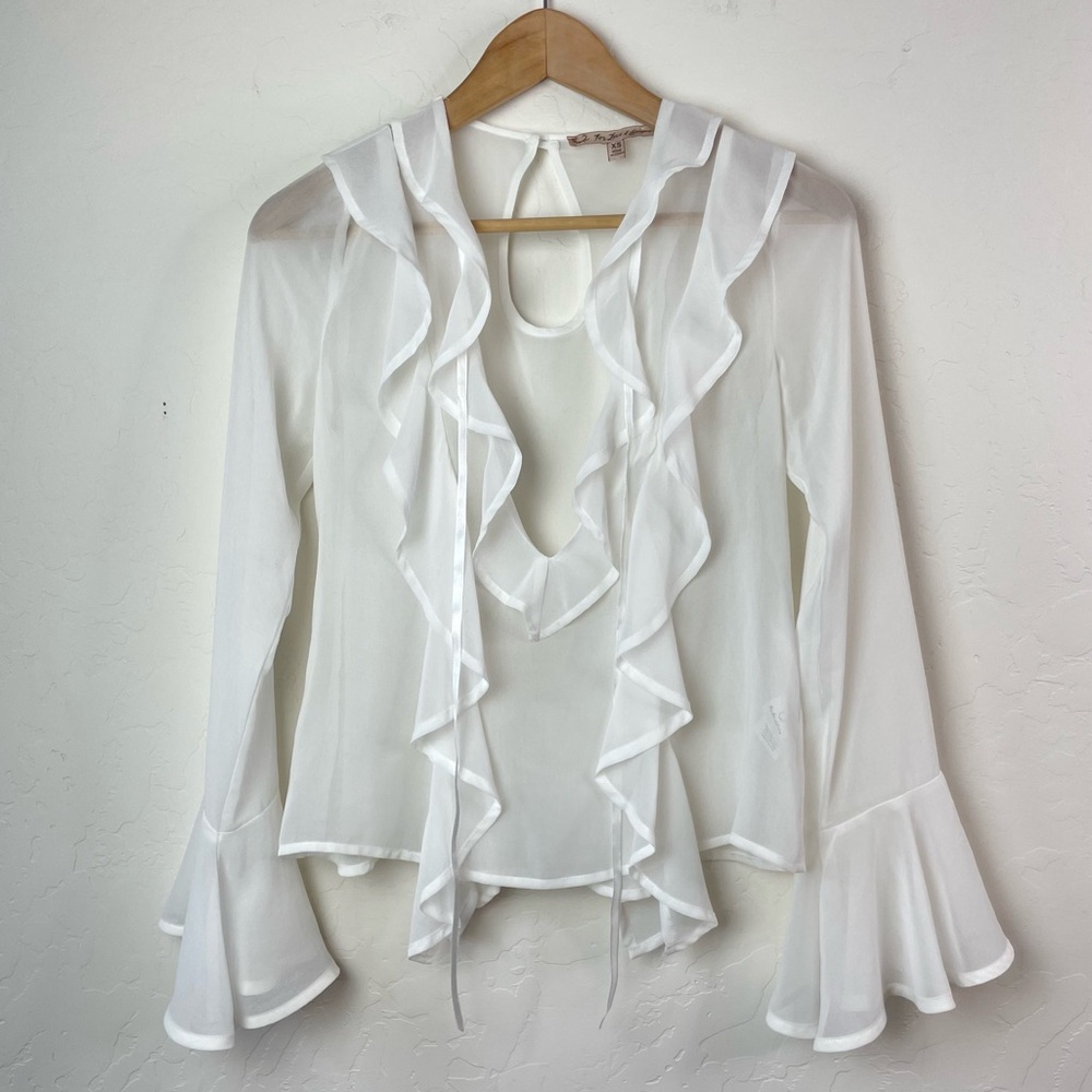 For Love and Lemons Eva White Chiffon Sheer Long Bell Sleeve Blouse Top Size XS
